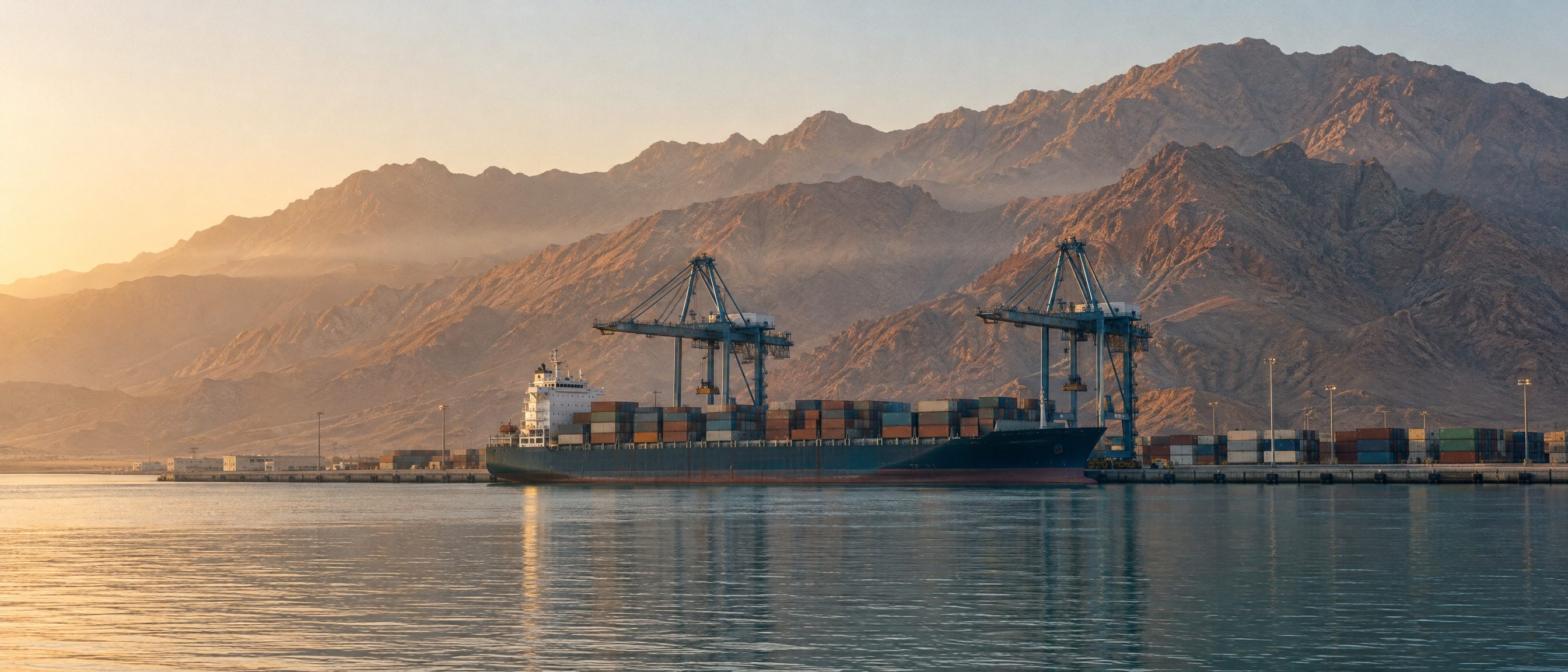 A container ship at a port quay at dawn, gantry cranes against bare mountains